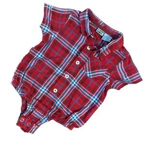 French Toast Red Blue Plaid Button Front Baby Romper 9M